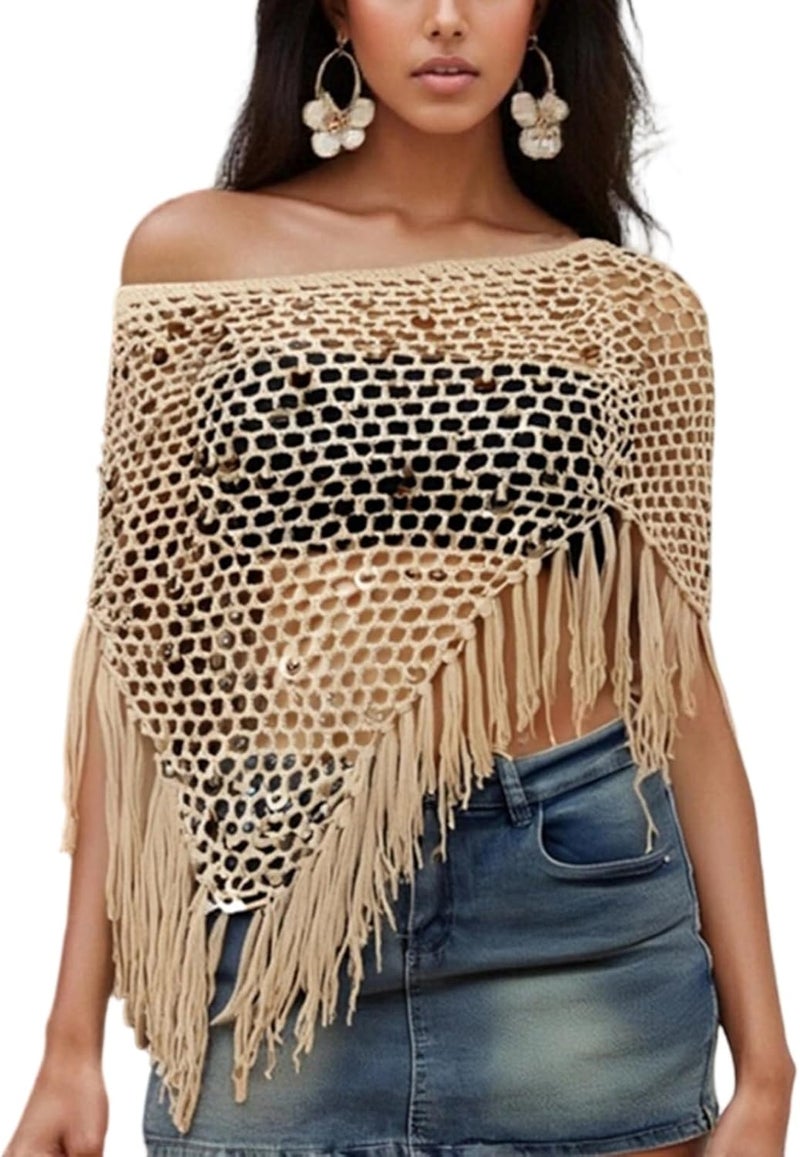 Argeousgor Women Sheer Poncho Top Lightweight Knit Crochet Shrug Bolero Mesh Batwing Sleeve Sweater Cover Up Beachwear - Image 1